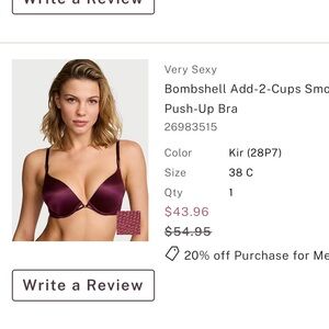 NWT Victoria’s Secret Very Sexy Bombshell Add-2-Cups Smooth Push-Up Bra 38C